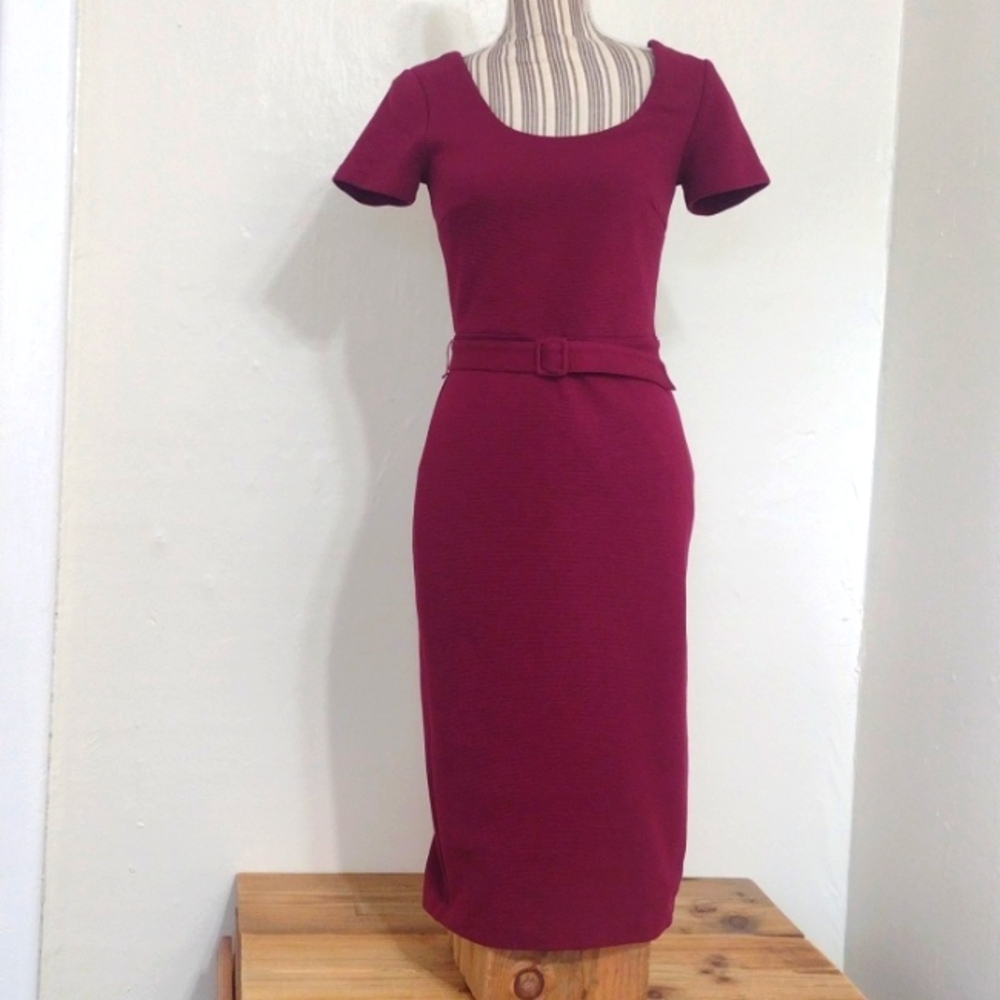 Boden Dark Pink Elsa Ottoman Ribbed Knit Body Con Sheath Dress w Belt